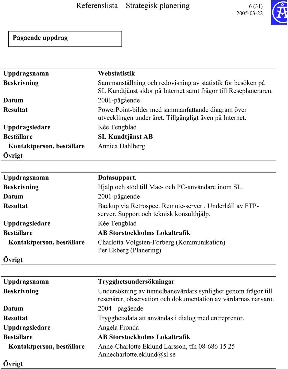 Kée Tengblad SL Kundtjänst AB Annica Dahlberg Datum Kontaktperson, beställare Datasupport. Hjälp och stöd till Mac- och PC-användare inom SL.