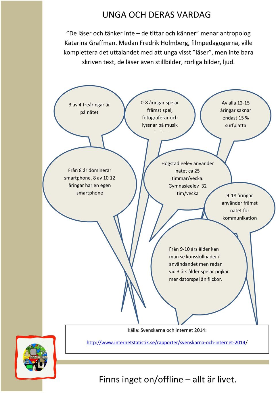 3 av 4 treåringar är på nätet 0-8 åringar spelar främst spel, fotograferar och lyssnar på musik på nätet Av alla 12-15 åringar saknar endast 15 % surfplatta Från 8 år dominerar smartphone.