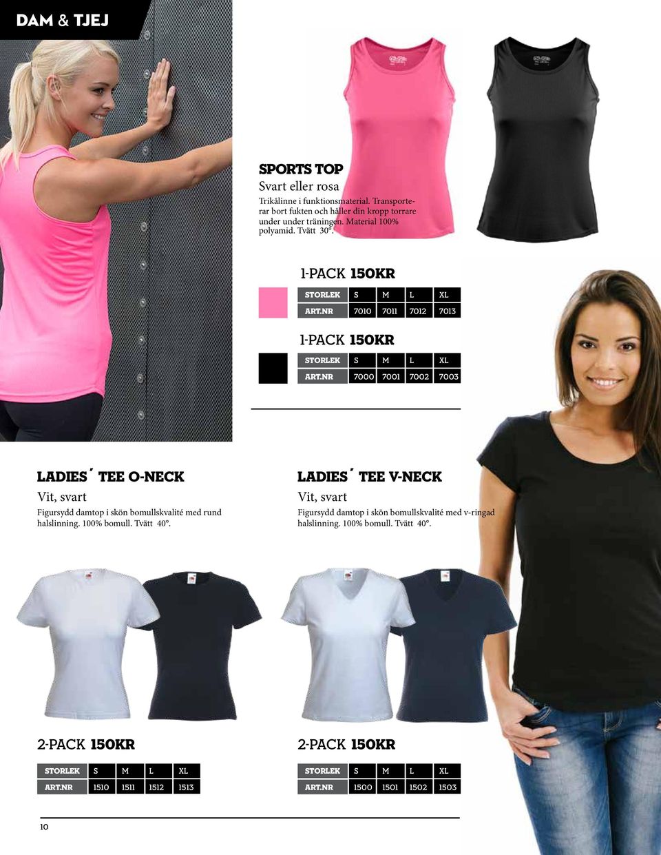 Nr 7000 7001 7002 7003 Ladies Tee o-neck Vit, svart Figursydd damtop i skön bomullskvalité med rund halslinning. 100% bomull. Tvätt 40.