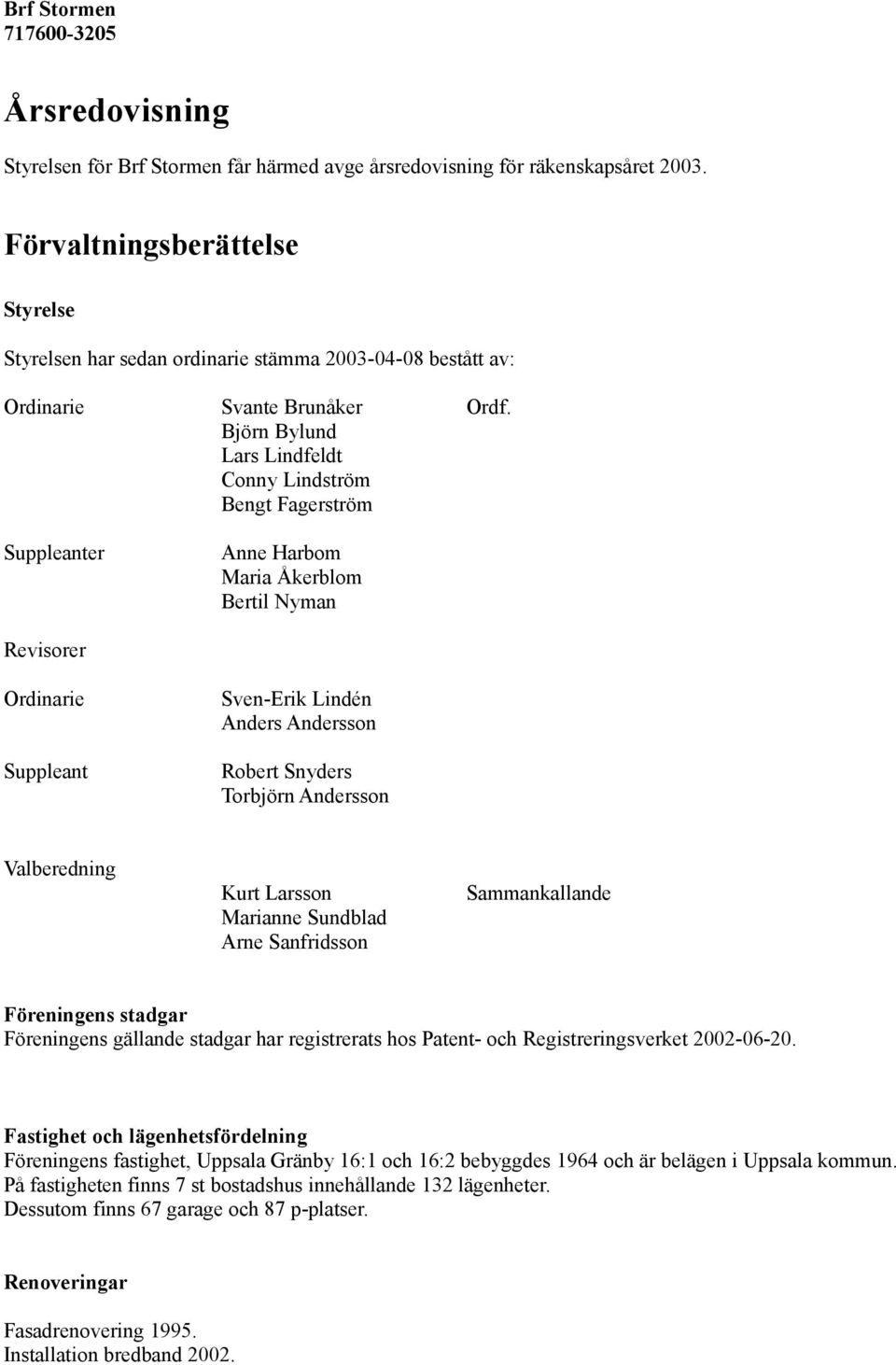 Björn Bylund Lars Lindfeldt Conny Lindström Bengt Fagerström Suppleanter Anne Harbom Maria Åkerblom Bertil Nyman Revisorer Ordinarie Suppleant Sven-Erik Lindén Anders Andersson Robert Snyders