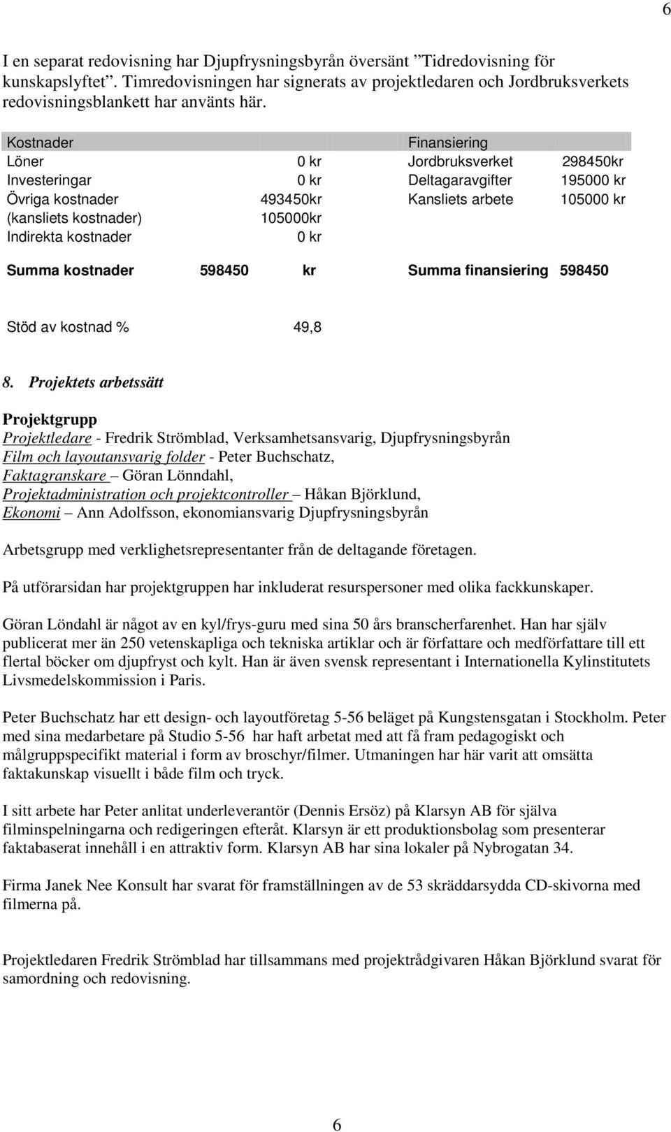 Kostnader Finansiering Löner 0 kr Jordbruksverket 298450kr Investeringar 0 kr Deltagaravgifter 195000 kr Övriga kostnader 493450kr Kansliets arbete 105000 kr (kansliets kostnader) 105000kr Indirekta