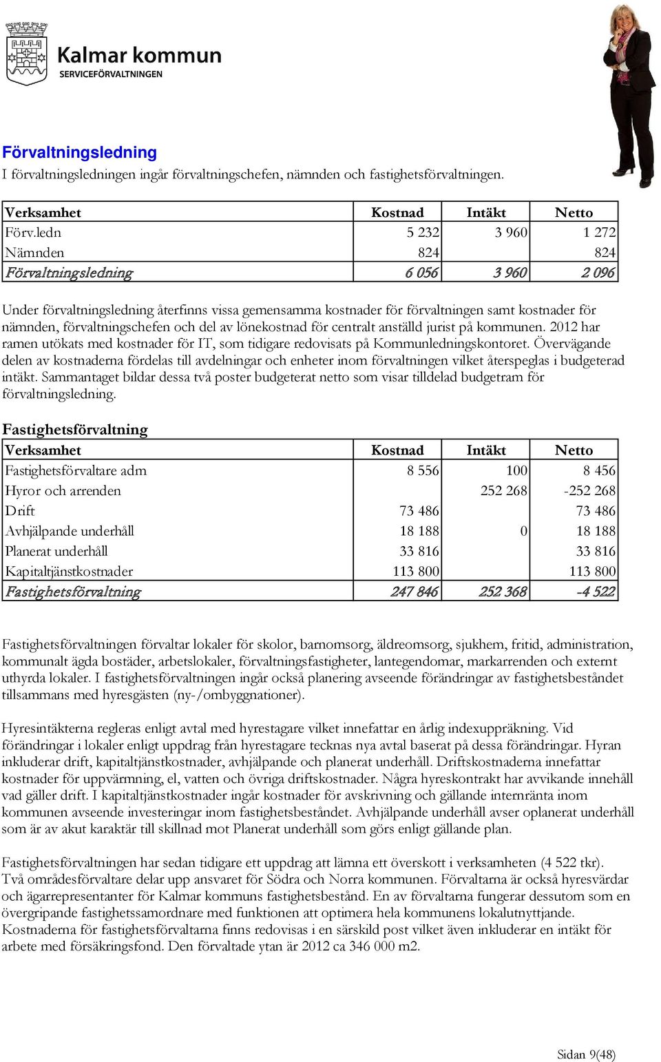 förvaltningschefen och del av lönekostnad för centralt anställd jurist på kommunen. 2012 har ramen utökats med kostnader för IT, som tidigare redovisats på Kommunledningskontoret.