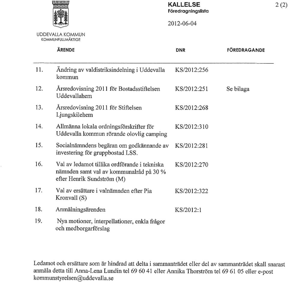 Allmänna lokala ordningsfårskrifter för KS/20 12:31 O Uddevalla kommun rörande olovlig camping 15. Socialnämndens begäran om godkännande av KS/2012:281 investering för gruppbostad LSS. 16.