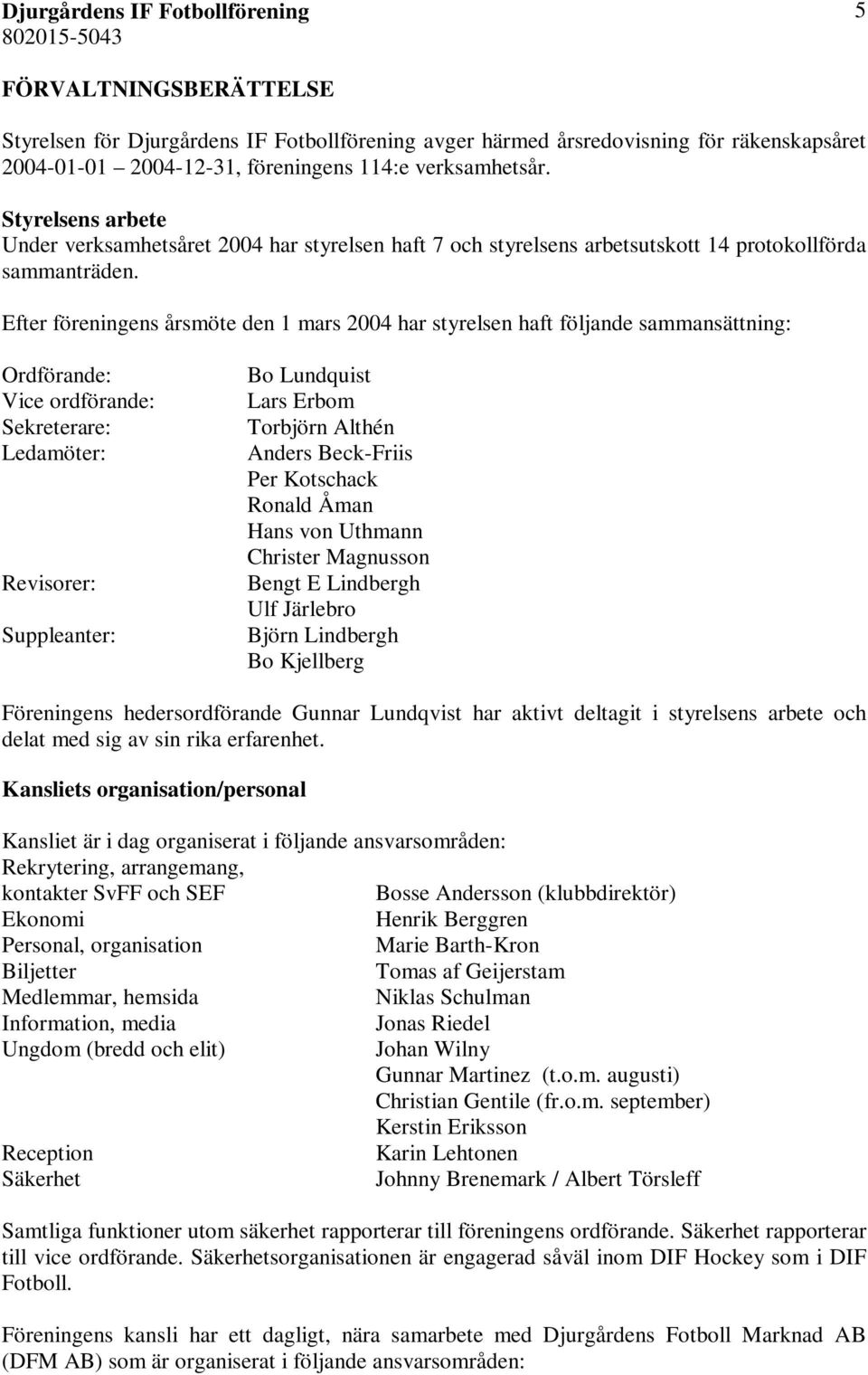 Efter föreningens årsmöte den 1 mars 2004 har styrelsen haft följande sammansättning: Ordförande: Vice ordförande: Sekreterare: Ledamöter: Revisorer: Suppleanter: Bo Lundquist Lars Erbom Torbjörn