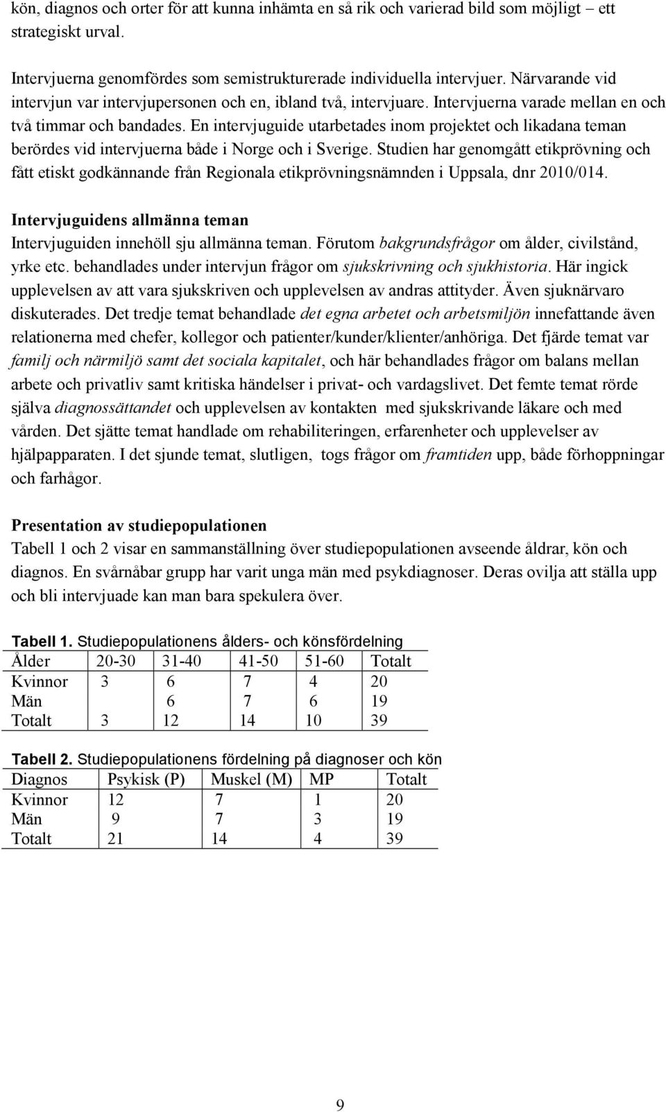 En intervjuguide utarbetades inom projektet och likadana teman berördes vid intervjuerna både i Norge och i Sverige.