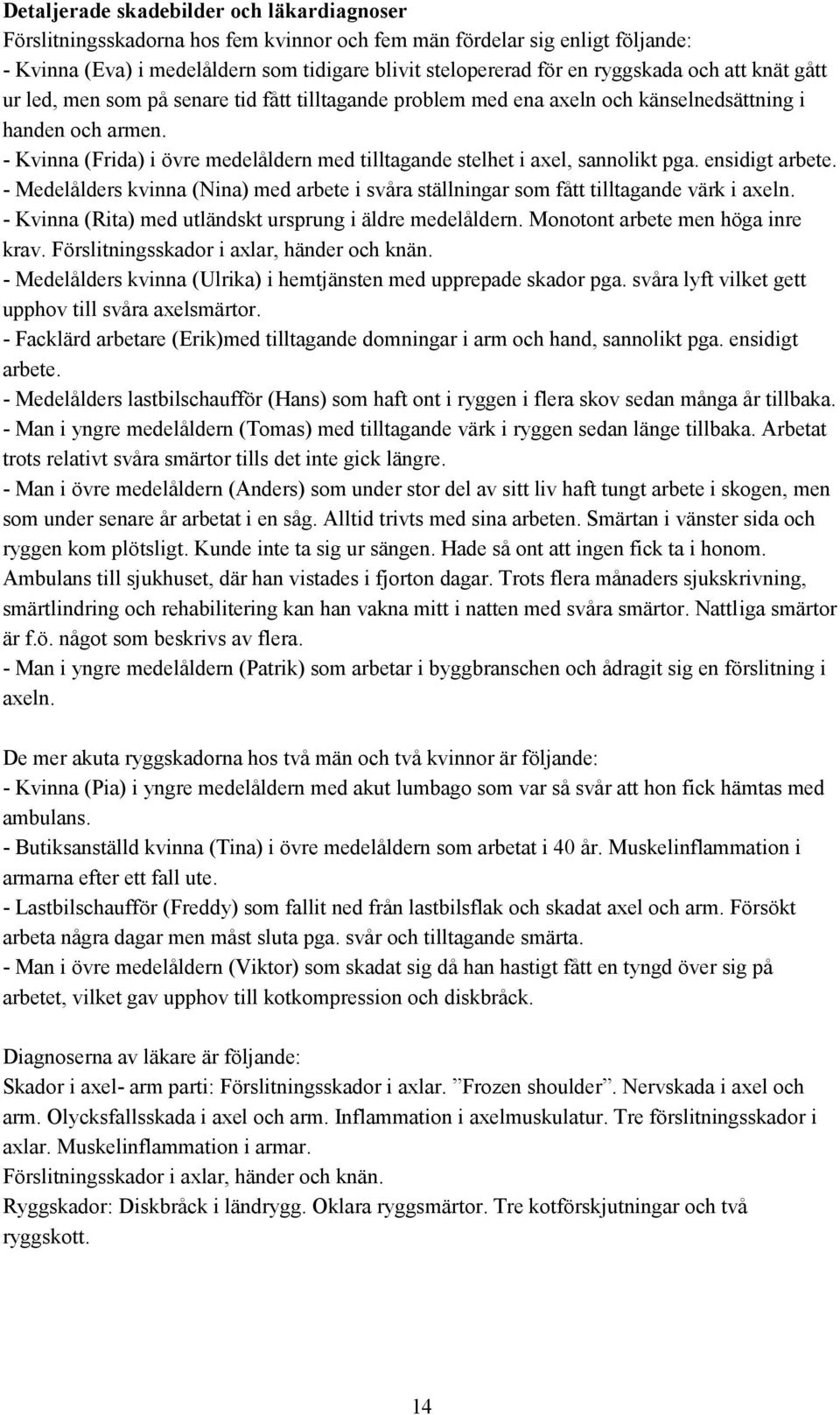 - Kvinna (Frida) i övre medelåldern med tilltagande stelhet i axel, sannolikt pga. ensidigt arbete. - Medelålders kvinna (Nina) med arbete i svåra ställningar som fått tilltagande värk i axeln.