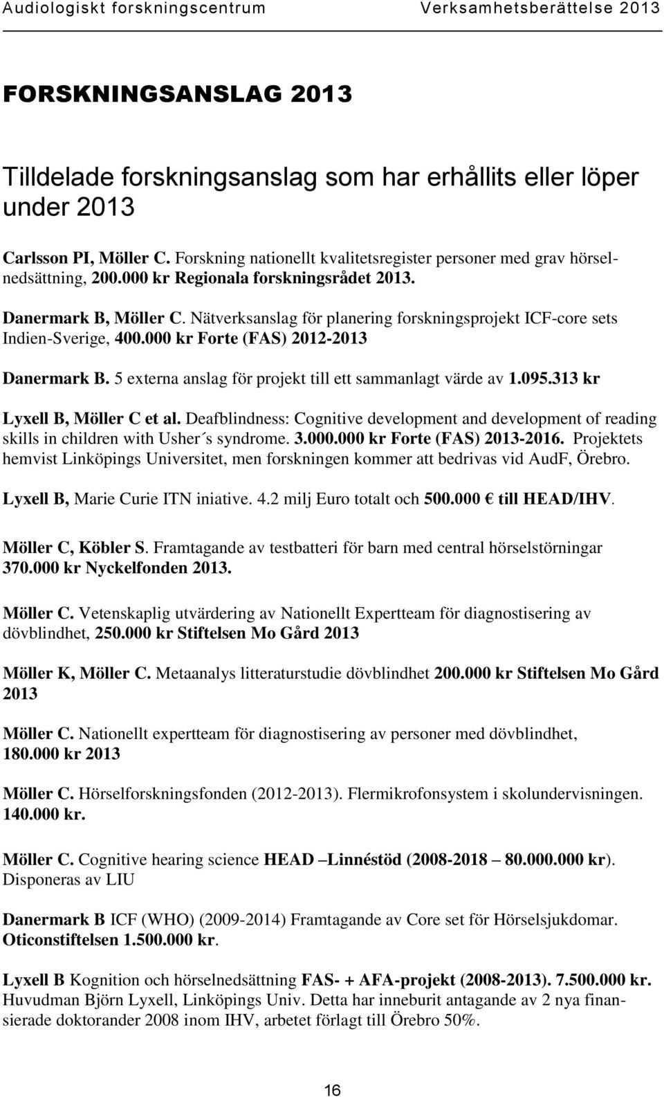 5 externa anslag för projekt till ett sammanlagt värde av 1.095.313 kr Lyxell B, Möller C et al.