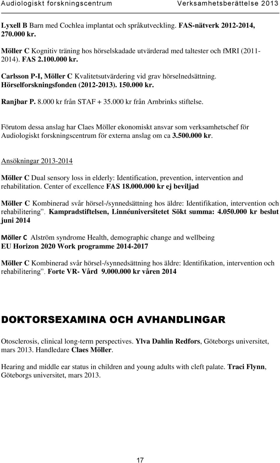 Förutom dessa anslag har Claes Möller ekonomiskt ansvar som verksamhetschef för Audiologiskt forskningscentrum för externa anslag om ca 3.500.000 kr.