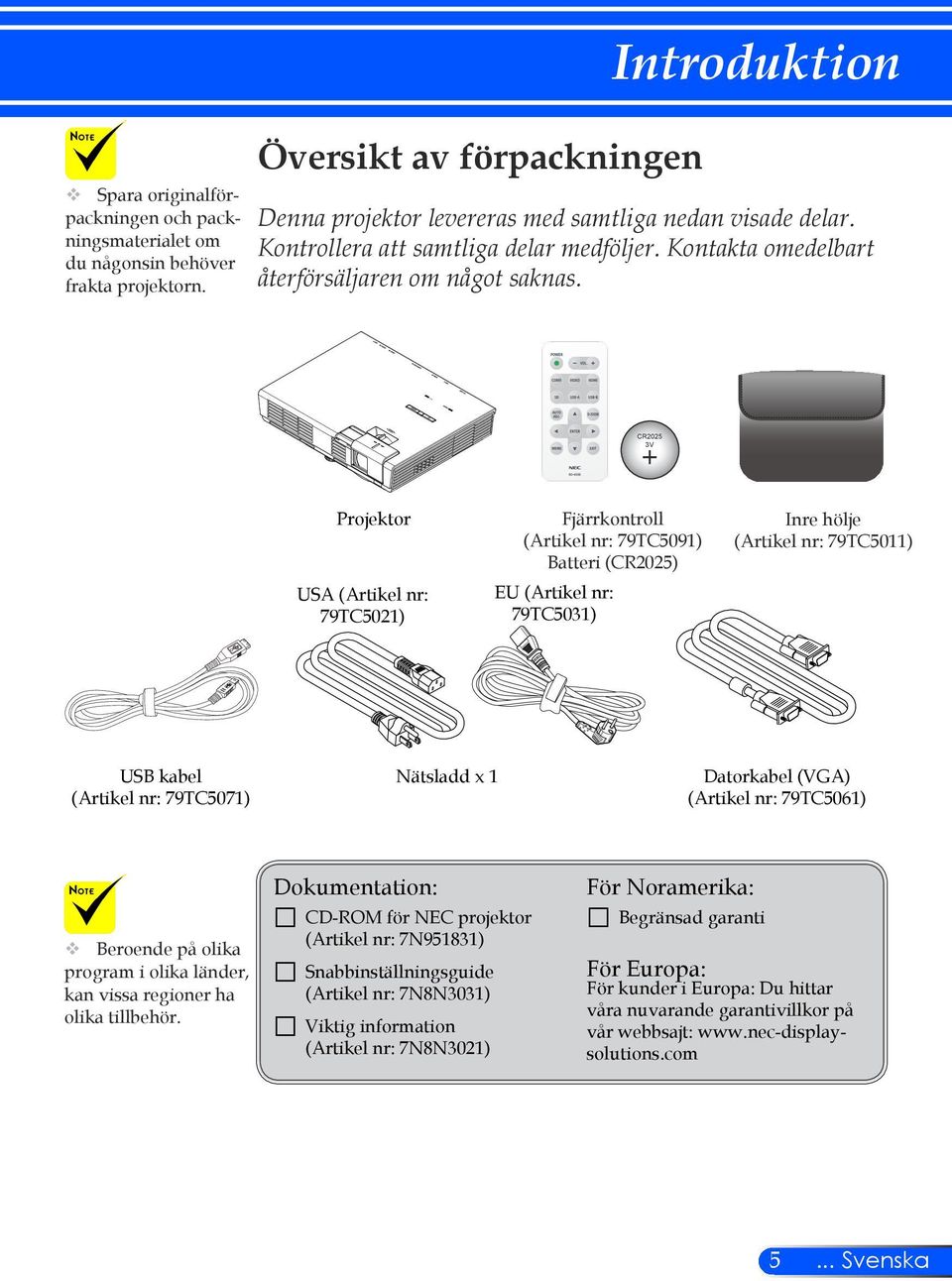 CR2025 3V Projektor USA (Artikel nr: 79TC5021) Fjärrkontroll (Artikel nr: 79TC5091) Batteri (CR2025) EU (Artikel nr: 79TC5031) Inre hölje (Artikel nr: 79TC5011) USB kabel (Artikel nr: 79TC5071)