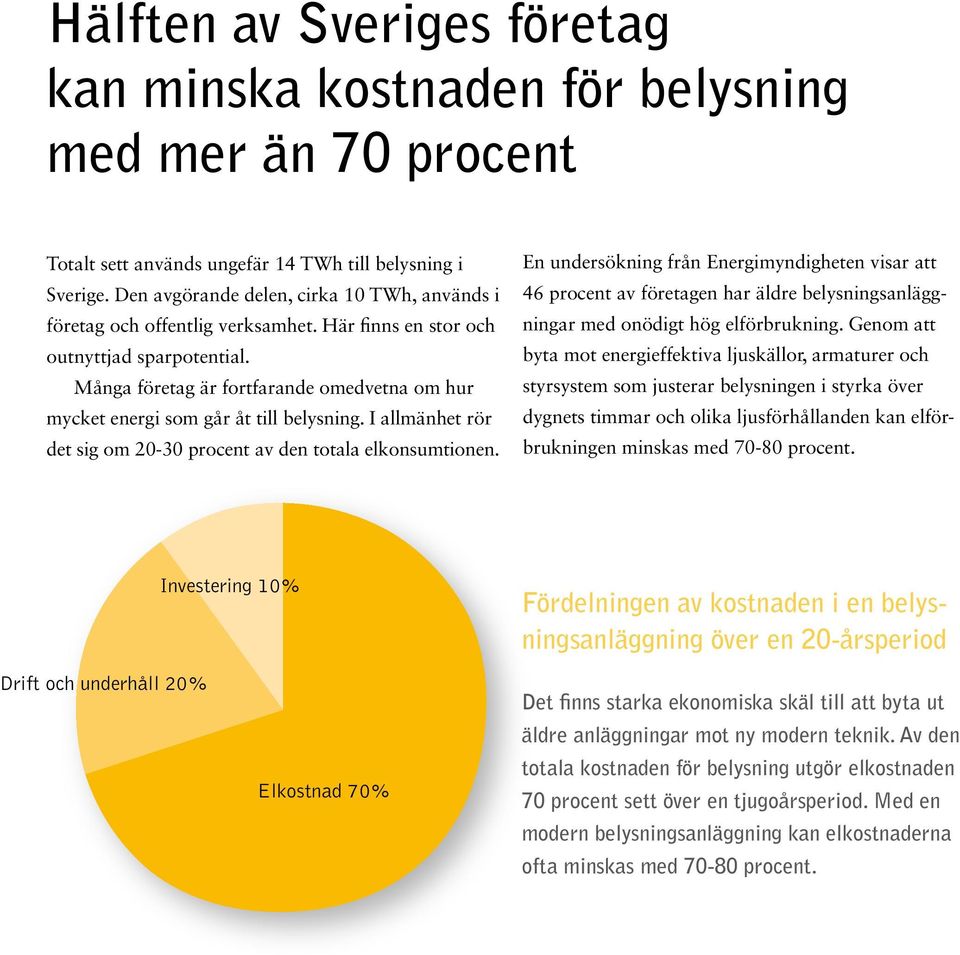 Många företag är fortfarande omedvetna om hur mycket energi som går åt till belysning. I allmänhet rör det sig om 20-30 procent av den totala elkonsumtionen.