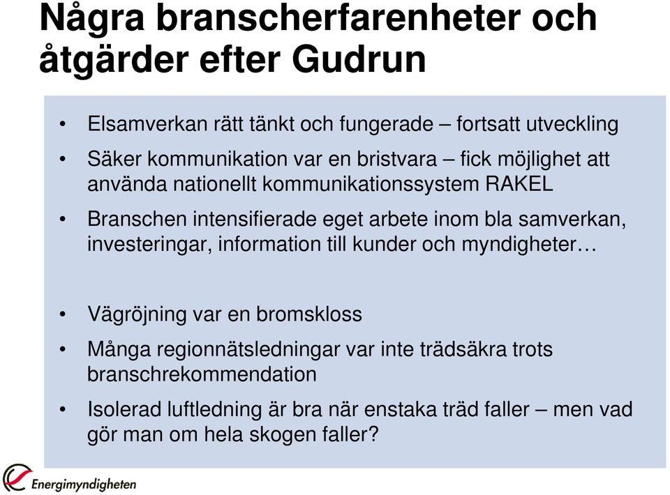 samverkan, investeringar, information till kunder och myndigheter Vägröjning var en bromskloss Många regionnätsledningar var