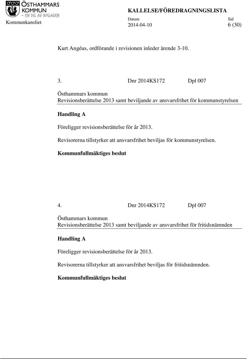 Dnr 2014KS172 Dpl 007 Östhammars kommun Revisionsberättelse 2013 samt beviljande av ansvarsfrihet för kommunstyrelsen Handling A Föreligger revisionsberättelse för år