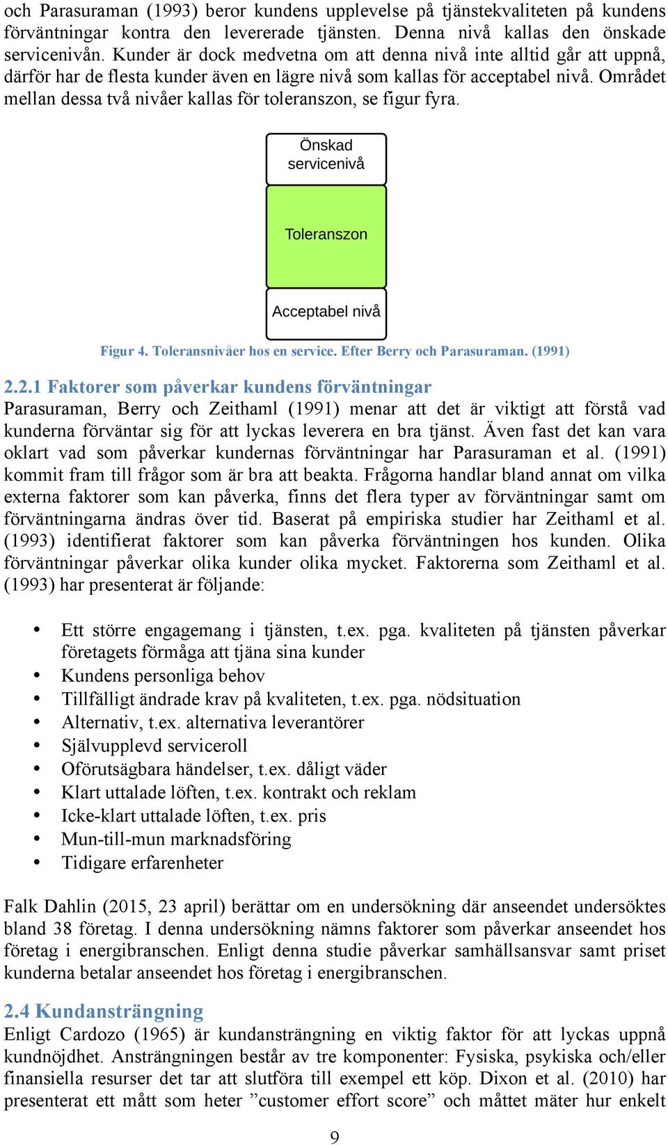 Området mellan dessa två nivåer kallas för toleranszon, se figur fyra. Figur 4. Toleransnivåer hos en service. Efter Berry och Parasuraman. (1991) 2.