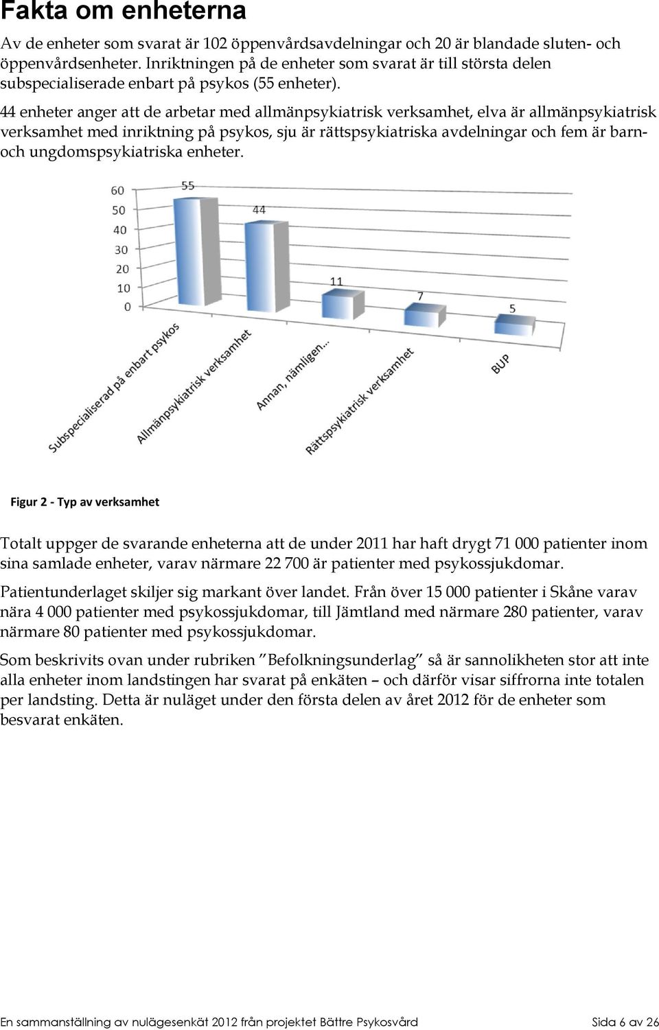 44 enheter anger att de arbetar med allmänpsykiatrisk verksamhet, elva är allmänpsykiatrisk verksamhet med inriktning på psykos, sju är rättspsykiatriska avdelningar och fem är barnoch