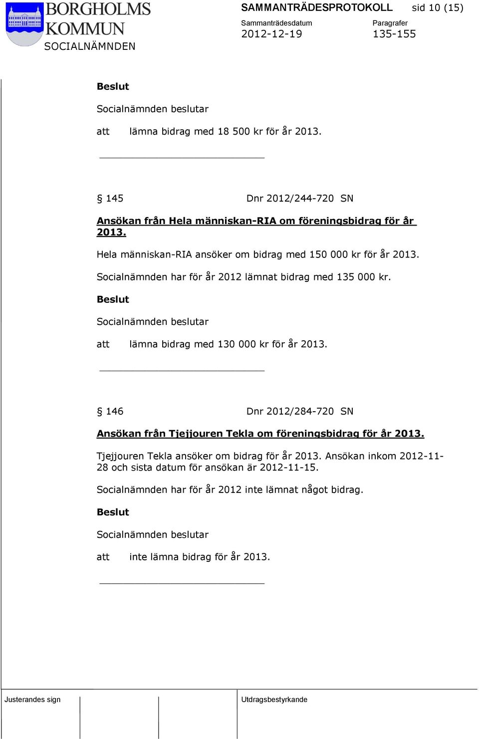 Socialnämnden har för år 2012 lämnat bidrag med 135 000 kr. att lämna bidrag med 130 000 kr för år 2013.