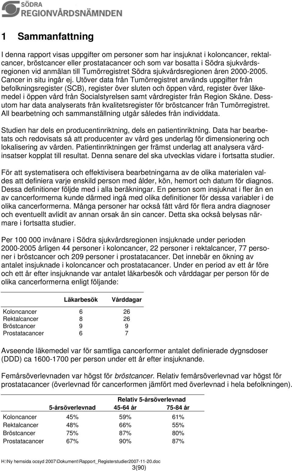 Utöver data från Tumörregistret används uppgifter från befolkningsregister (SCB), register över sluten och öppen vård, register över läkemedel i öppen vård från Socialstyrelsen samt vårdregister från