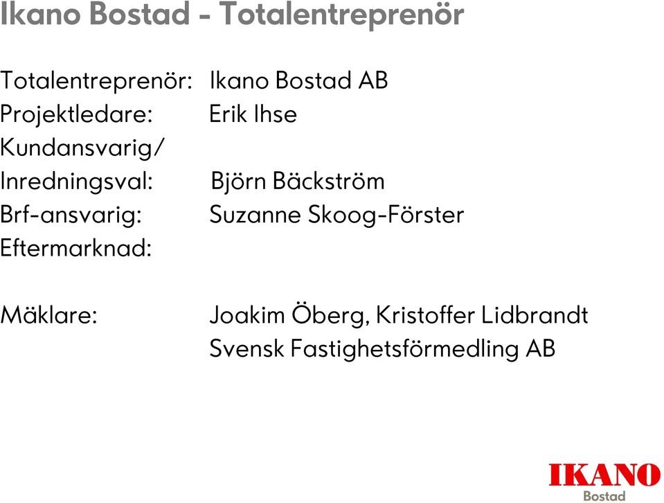 Bäckström Brf-ansvarig: Suzanne Skoog-Förster Eftermarknad: