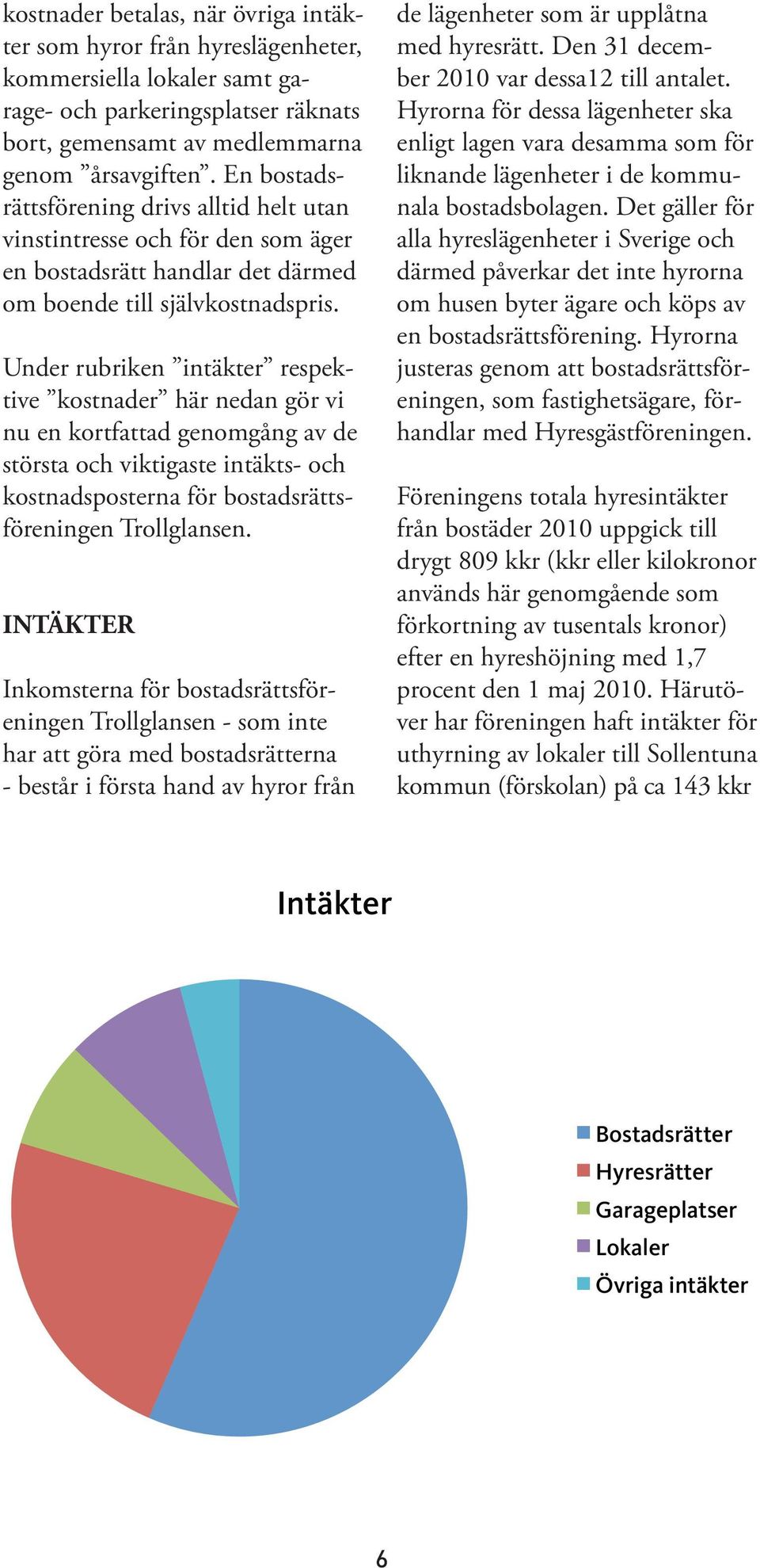 Under rubriken intäkter respektive kostnader här nedan gör vi nu en kortfattad genomgång av de största och viktigaste intäkts- och kostnadsposterna för bostadsrättsföreningen Trollglansen.