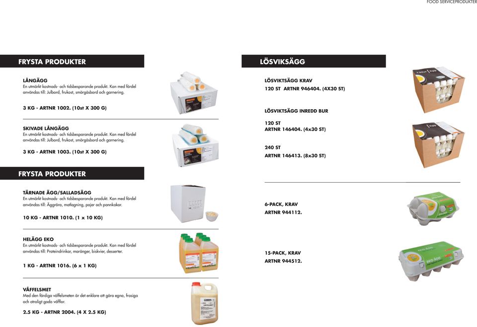 (8x30 ST) FRYSTA PRODUKTER TÄRNADE ÄGG/SALLADSÄGG användas till: Äggröra, matlagning, pajer och pannkakor. 10 KG - ARTNR 1010. (1 x 10 KG) 6-PACK, KRAV ARTNR 944112.