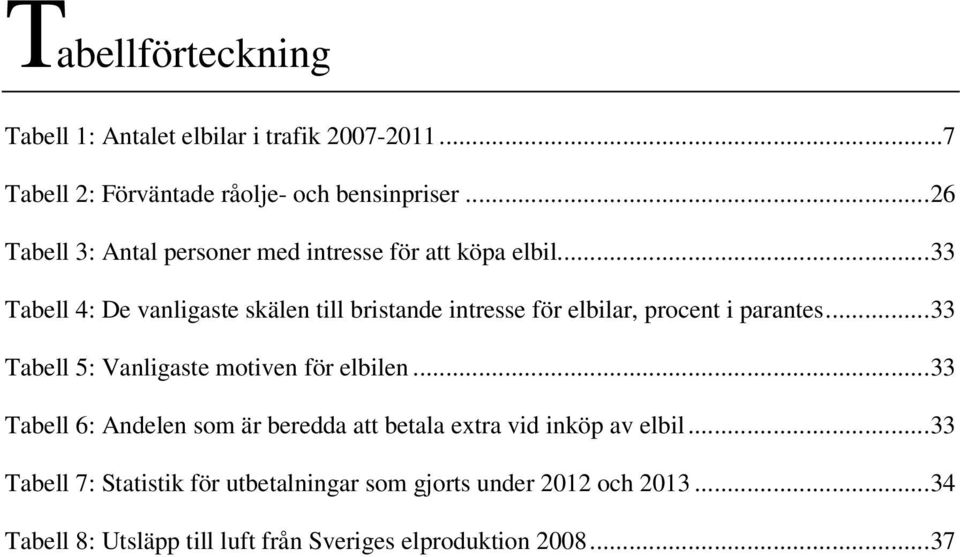 ..33 Tabell 4: De vanligaste skälen till bristande intresse för elbilar, procent i parantes.