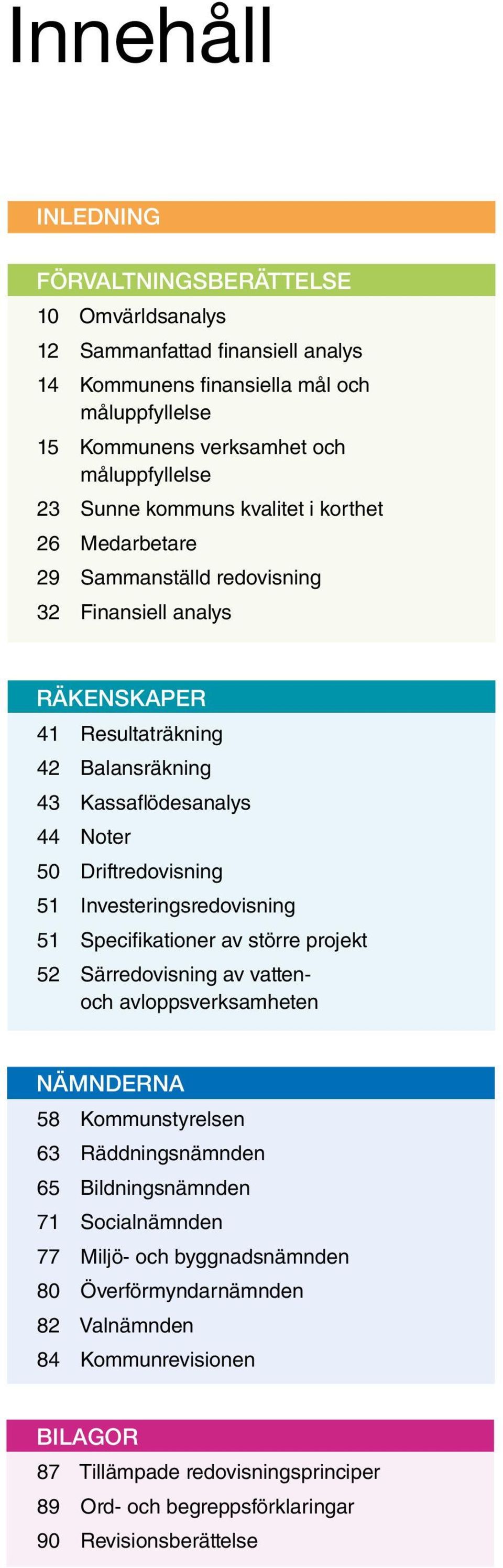 Driftredovisning 51 Investeringsredovisning 51 Specifikationer av större projekt 52 Särredovisning av vattenoch avloppsverksamheten NÄMNDERNA 58 Kommunstyrelsen 63 Räddningsnämnden 65