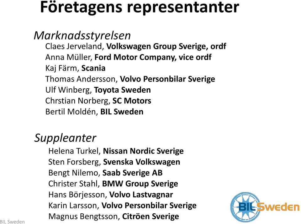 Sweden BIL Sweden Suppleanter Helena Turkel, Nissan Nordic Sverige Sten Forsberg, Svenska Volkswagen Bengt Nilemo, Saab Sverige AB