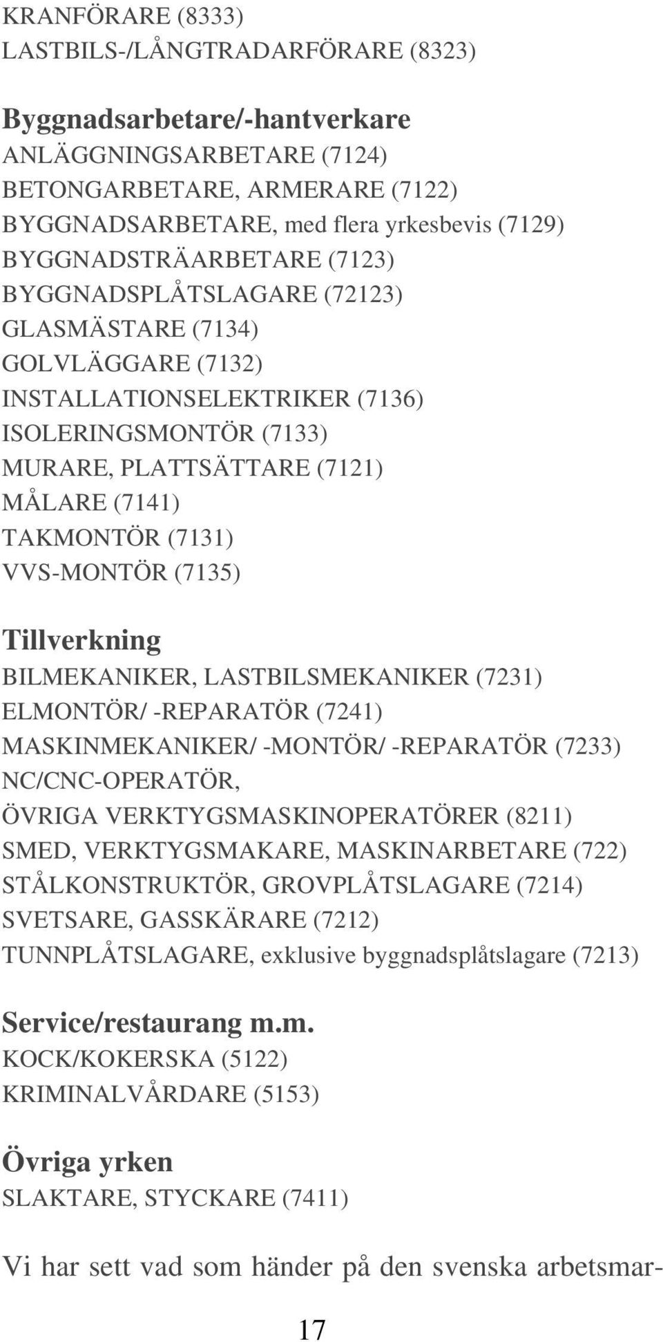 (7131) VVS-MONTÖR (7135) Tillverkning BILMEKANIKER, LASTBILSMEKANIKER (7231) ELMONTÖR/ -REPARATÖR (7241) MASKINMEKANIKER/ -MONTÖR/ -REPARATÖR (7233) NC/CNC-OPERATÖR, ÖVRIGA VERKTYGSMASKINOPERATÖRER