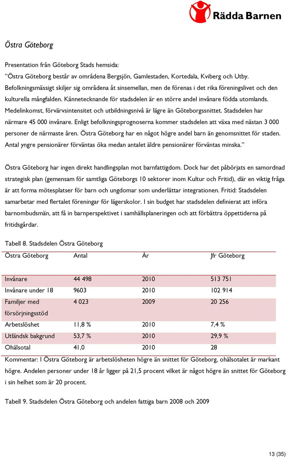 Kännetecknande för stadsdelen är en större andel invånare födda utomlands. Medelinkomst, förvärvsintensitet och utbildningsnivå är lägre än Göteborgssnittet. Stadsdelen har närmare 45 000 invånare.