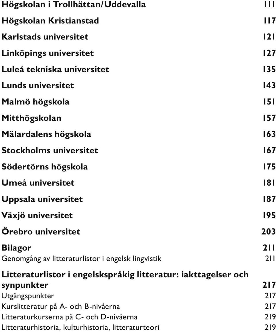 universitet 195 Örebro universitet 203 Bilagor 211 Genomgång av litteraturlistor i engelsk lingvistik 211 Litteraturlistor i engelskspråkig litteratur: iakttagelser och