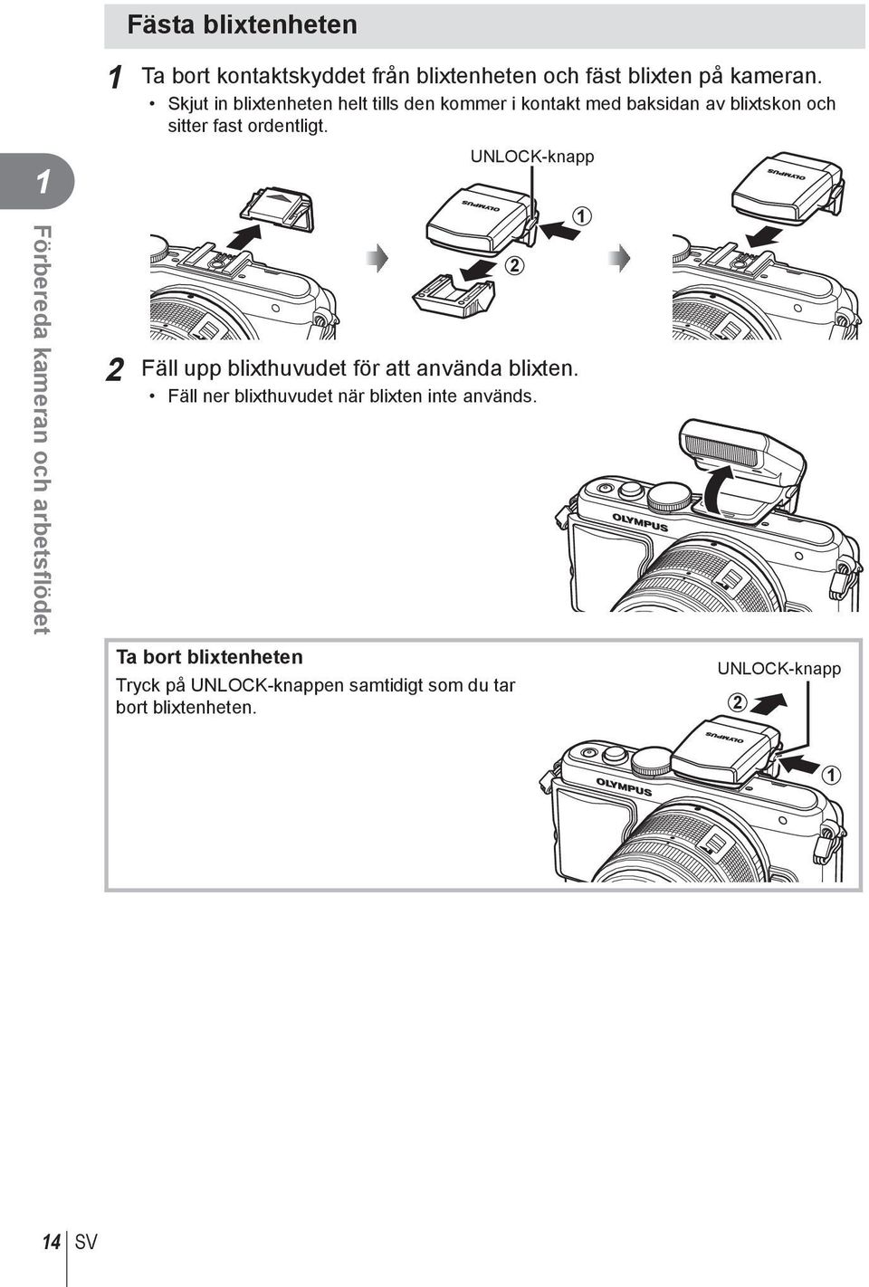 Skjut in blixtenheten helt tills den kommer i kontakt med baksidan av blixtskon och sitter fast ordentligt.