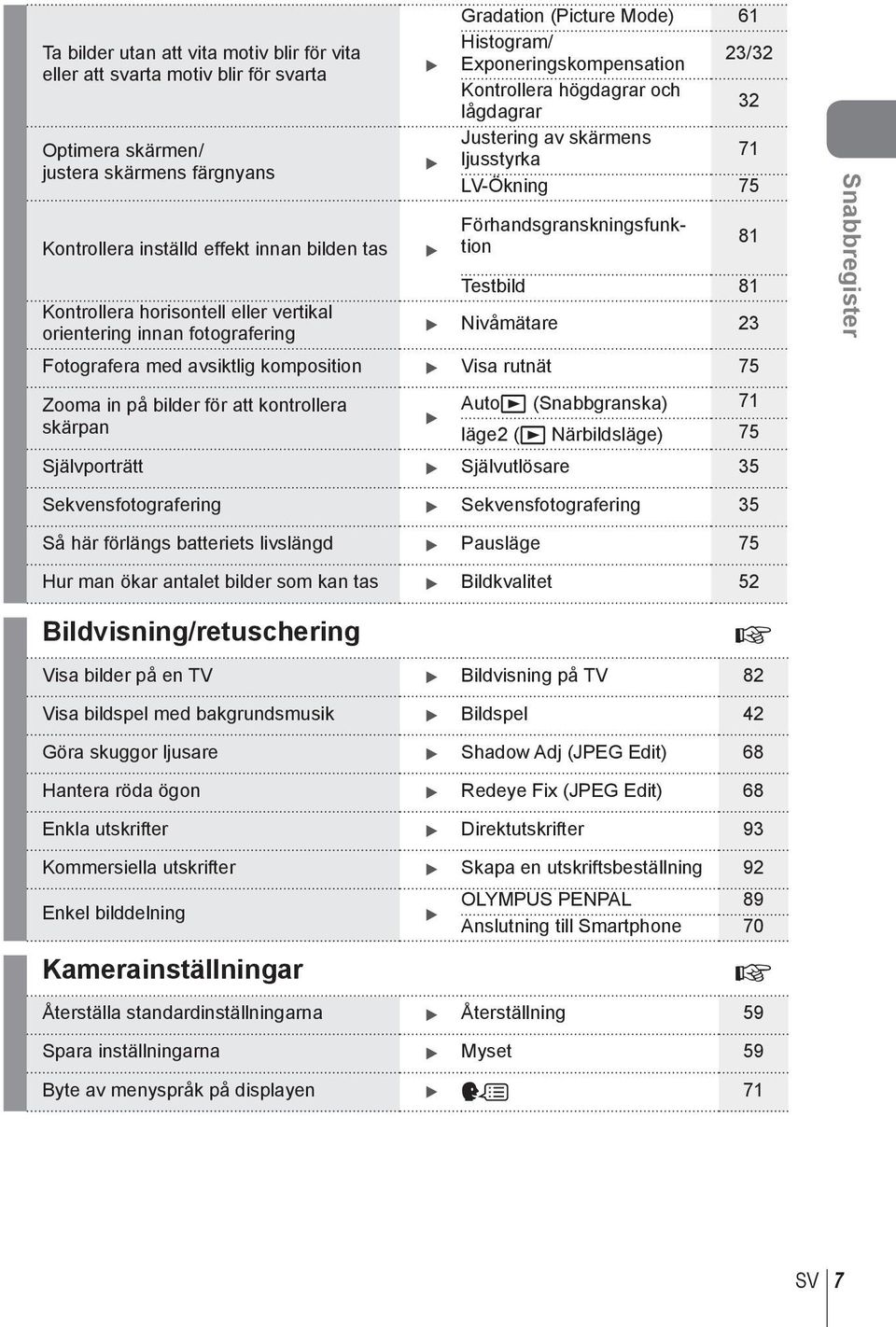 vertikal orientering innan fotografering Nivåmätare Fotografera med avsiktlig komposition Visa rutnät 75 Zooma in på bilder för att kontrollera Autoq (Snabbgranska) 7 skärpan läge (q Närbildsläge) 75