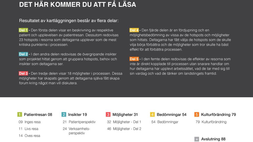 Del 2 - I den andra delen redovisas de övergripande insikter som projektet hittat genom att gruppera hotspots, behov och insikter som deltagarna ser.