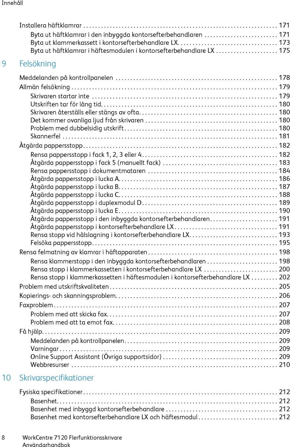 .................... 175 9 Felsökning Meddelanden på kontrollpanelen....................................................... 178 Allmän felsökning...................................................................... 179 Skrivaren startar inte.