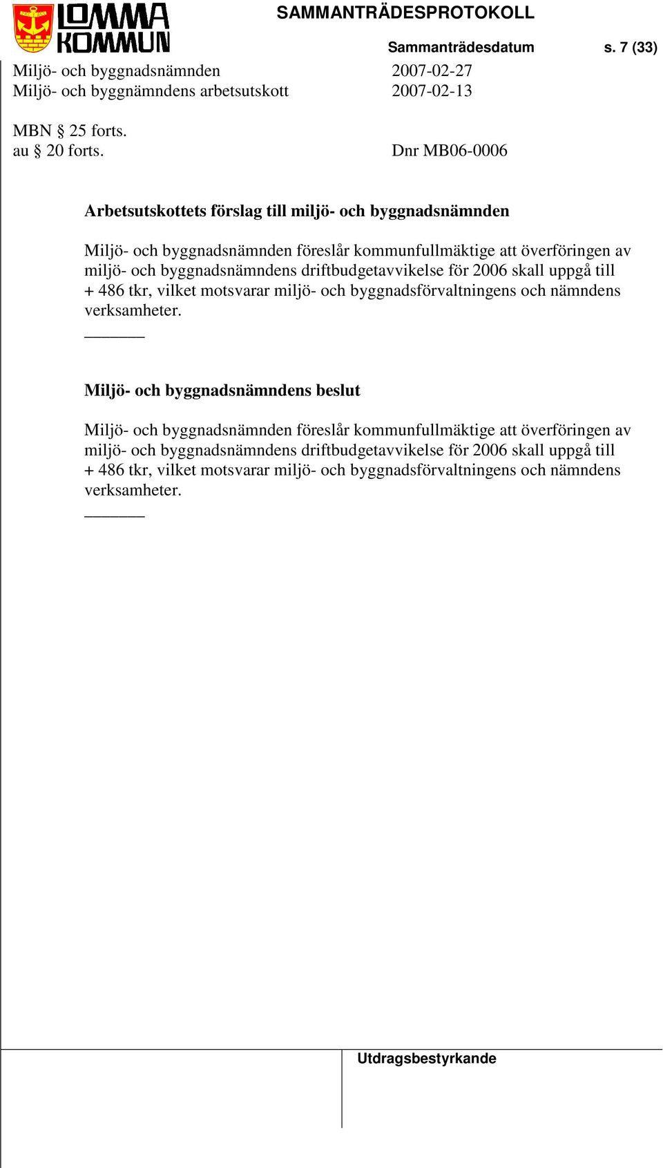 miljö- och byggnadsnämndens driftbudgetavvikelse för 2006 skall uppgå till + 486 tkr, vilket motsvarar miljö- och byggnadsförvaltningens och nämndens