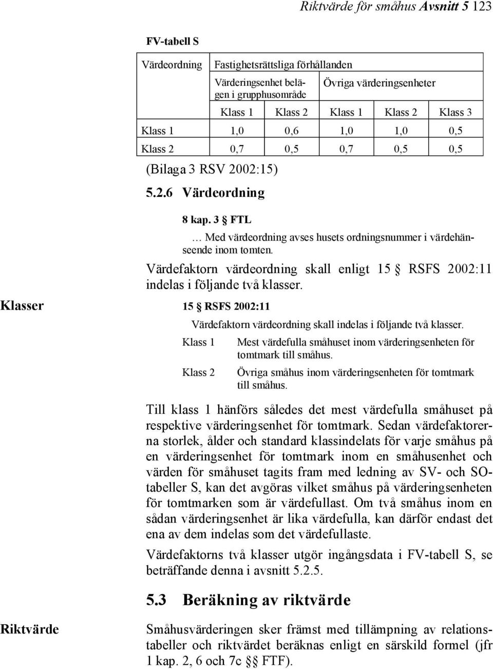 Värdefaktorn värdeordning skall enligt 15 RSFS 2002:11 indelas i följande två klasser. Klasser 15 RSFS 2002:11 Värdefaktorn värdeordning skall indelas i följande två klasser.