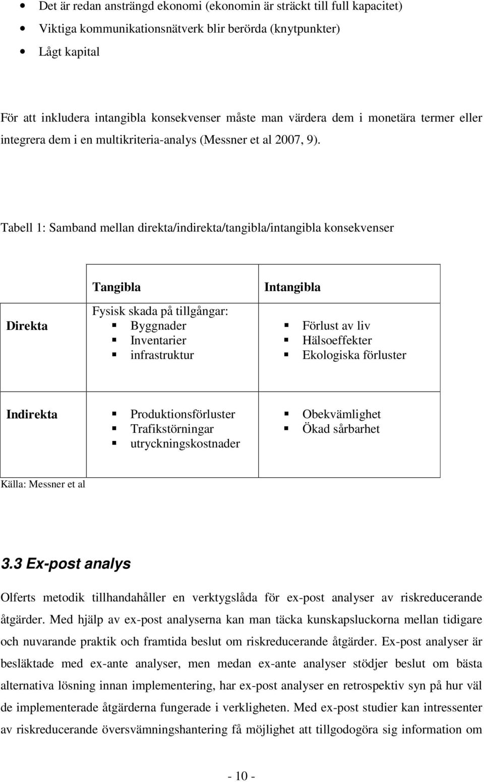 Tabell 1: Samband mellan direkta/indirekta/tangibla/intangibla konsekvenser Direkta Tangibla Fysisk skada på tillgångar: Byggnader Inventarier infrastruktur Intangibla Förlust av liv Hälsoeffekter