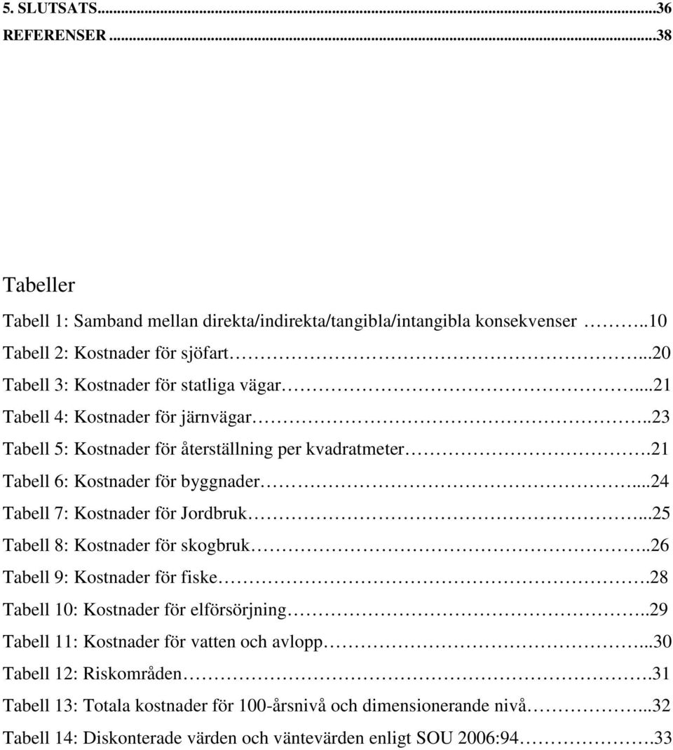 21 Tabell 6: Kostnader för byggnader...24 Tabell 7: Kostnader för Jordbruk...25 Tabell 8: Kostnader för skogbruk..26 Tabell 9: Kostnader för fiske.