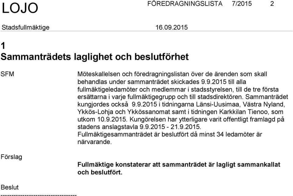 9.2015. Kungörelsen har ytterligare varit offentligt framlagd på stadens anslagstavla 9.9.2015-21.9.2015. Fullmäktigesammanträdet är beslutfört då minst 34 ledamöter är närvarande.