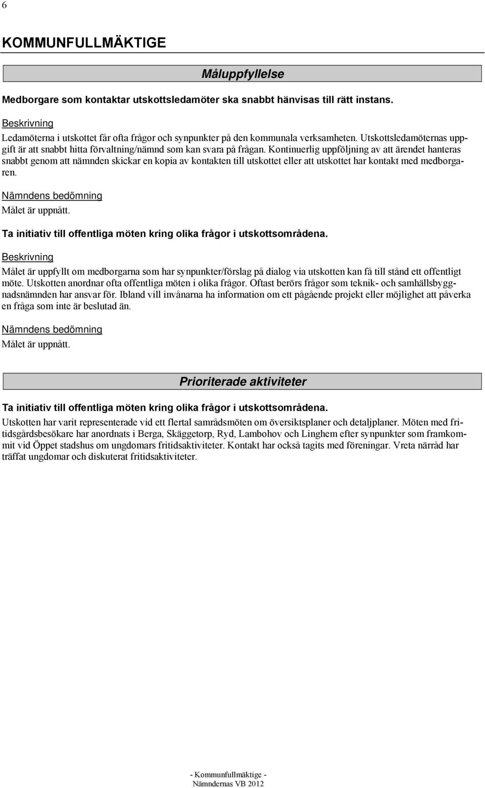 Kontinuerlig uppföljning av att ärendet hanteras snabbt genom att nämnden skickar en kopia av kontakten till utskottet eller att utskottet har kontakt med medborgaren. Målet är uppnått.