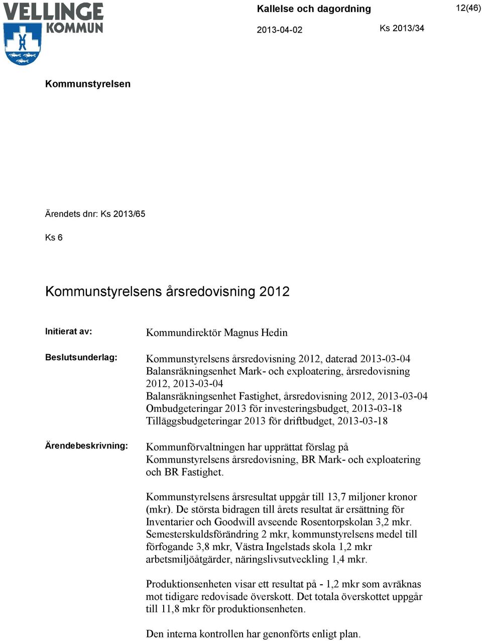 driftbudget, 2013-03-18 Ärendebeskrivning: Kommunförvaltningen har upprättat förslag på s årsredovisning, BR Mark- och exploatering och BR Fastighet.