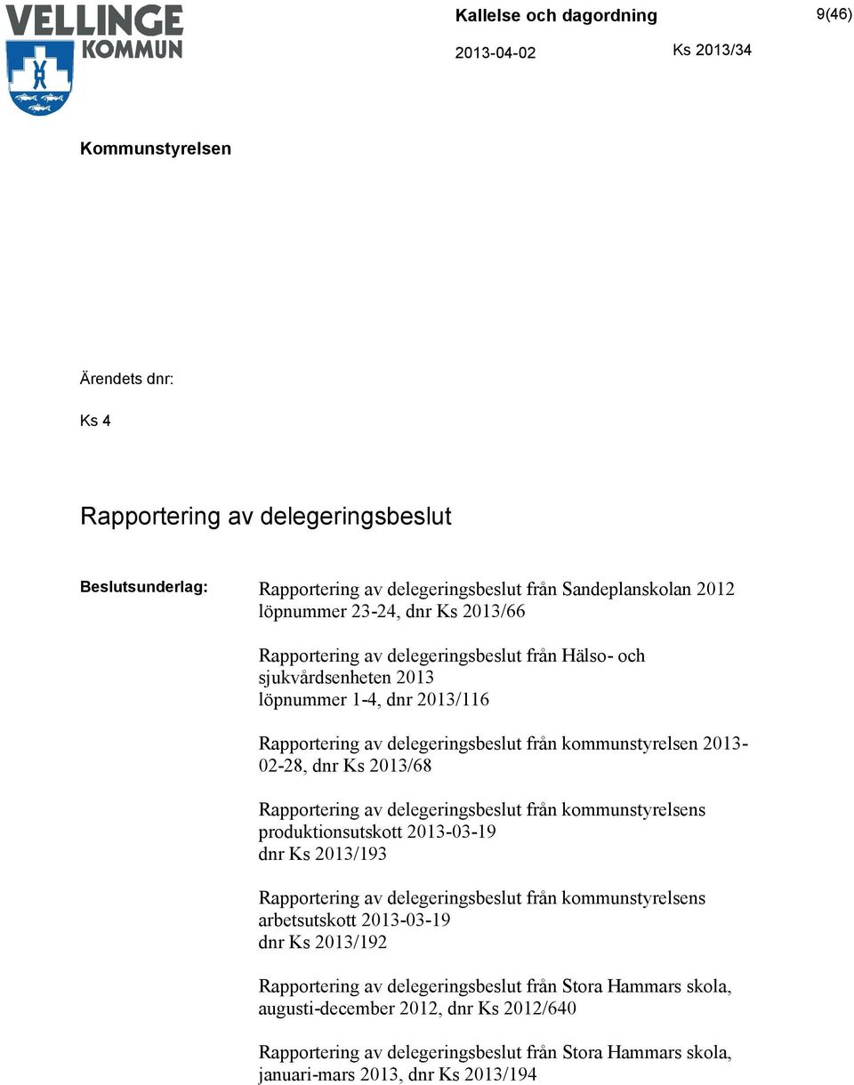 delegeringsbeslut från kommunstyrelsens produktionsutskott 2013-03-19 dnr Ks 2013/193 Rapportering av delegeringsbeslut från kommunstyrelsens arbetsutskott 2013-03-19 dnr Ks 2013/192