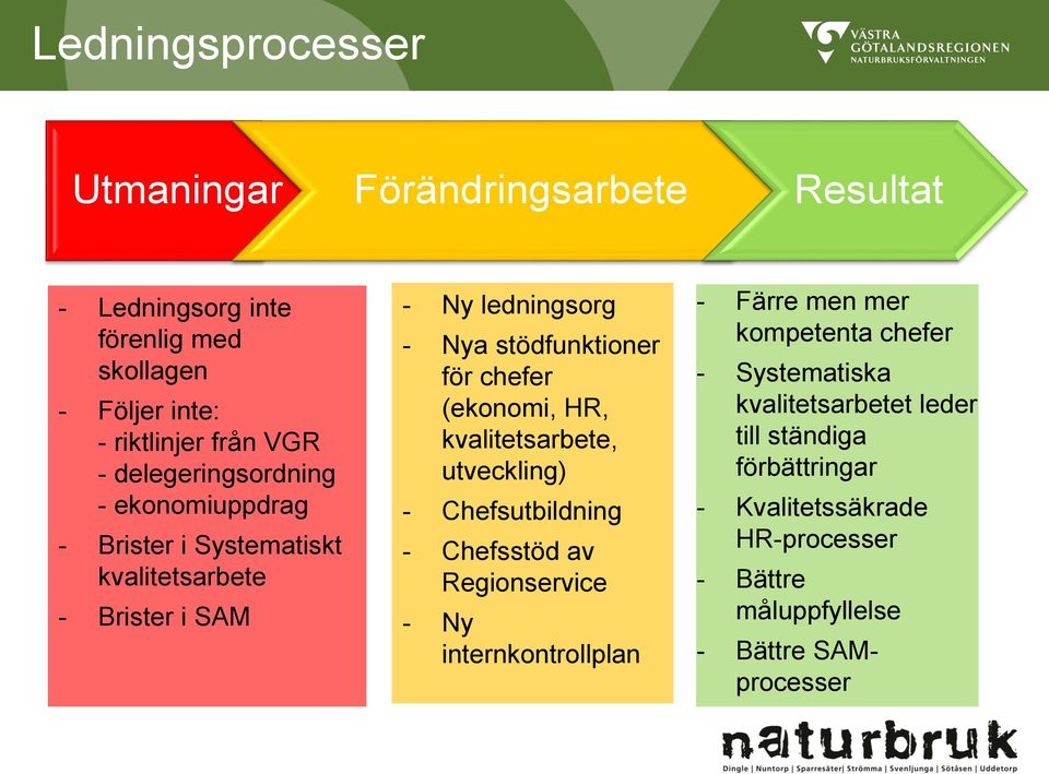 (ekonomi, HR, kvalitetsarbete, utveckling) - Chefsutbildning - Chefsstöd av Regionservice - Ny internkontrollplan - Färre men mer kompetenta