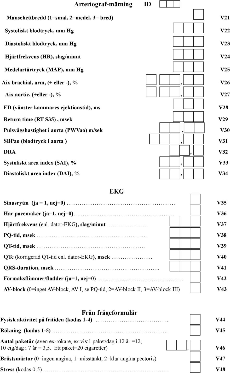 (blodtryck i aorta ), V31 DRA, V32 Systoliskt area index (SAI), %, V33 Diastoliskt area index (DAI), %, V34 EKG Sinusrytm (ja = 1, nej=0). V35 Har pacemaker (ja=1, nej=0) V36 Hjärtfrekvens (enl.