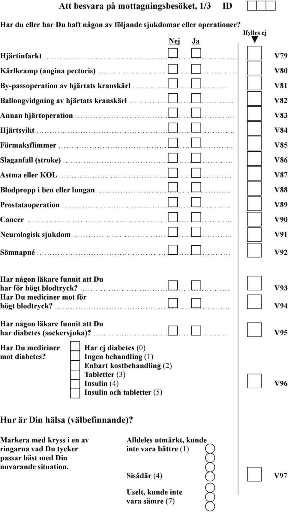 . V84 Förmaksflimmer.. V85 Slaganfall (stroke) V86 Astma eller KOL. V87 Blodpropp i ben eller lungan. V88 Prostataoperation V89 Cancer.. V90 Neurologisk sjukdom.