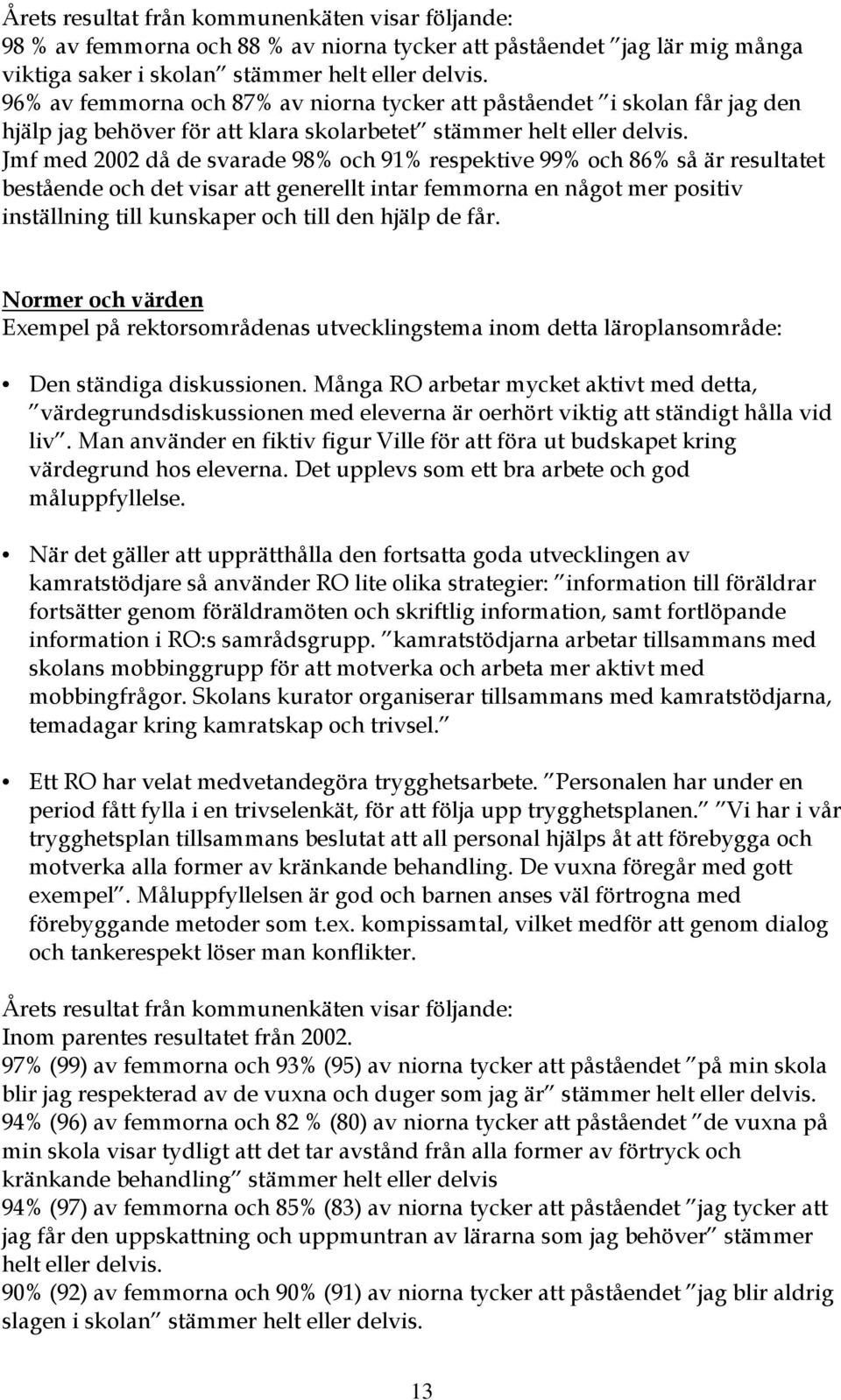 Jmf med 2002 då de svarade 98% och 91% respektive 99% och 86% så är resultatet bestående och det visar att generellt intar femmorna en något mer positiv inställning till kunskaper och till den hjälp