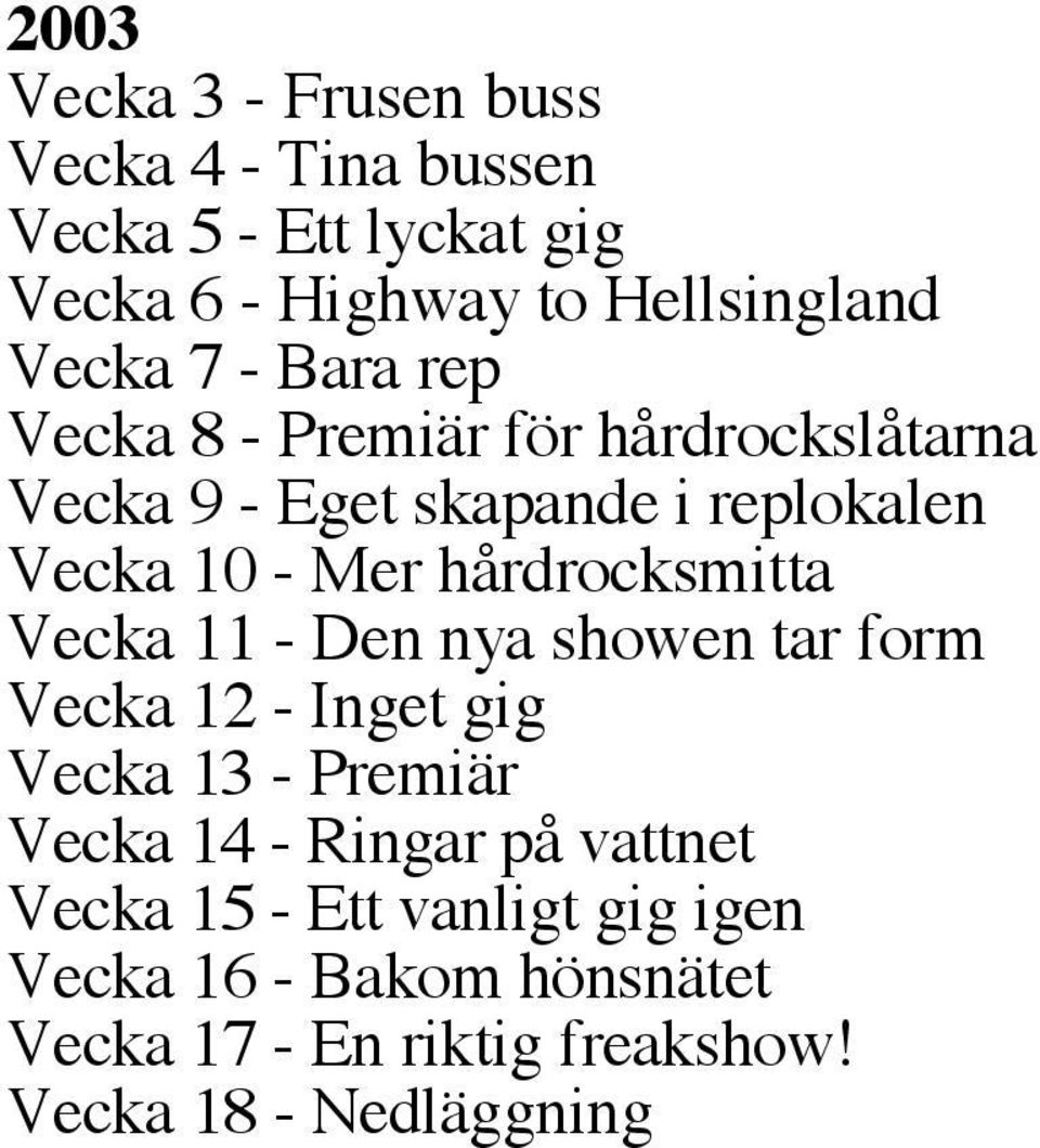 hårdrocksmitta Vecka 11 - Den nya showen tar form Vecka 12 - Inget gig Vecka 13 - Premiär Vecka 14 - Ringar på