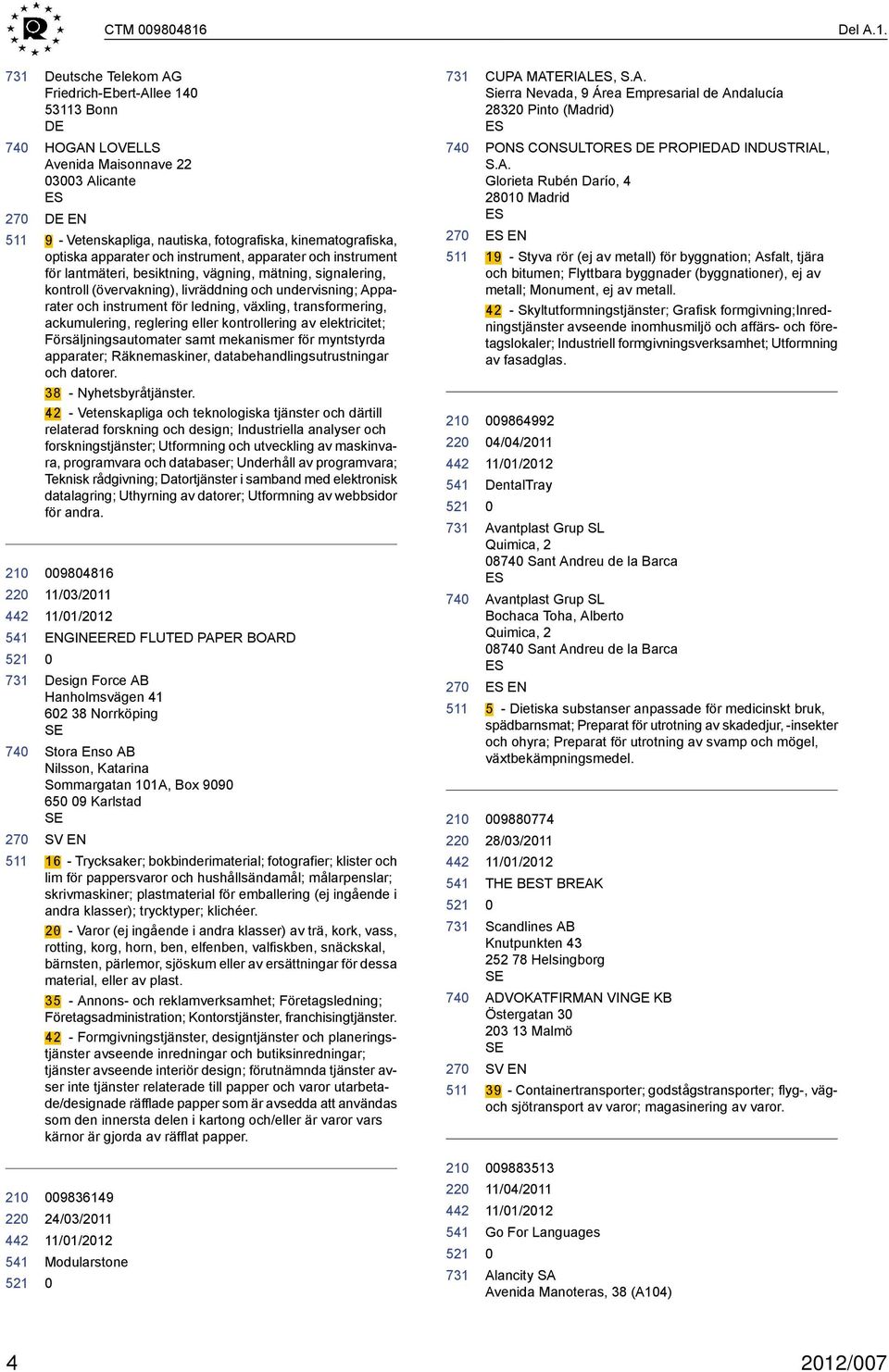 Deutsche Telekom AG Friedrich-Ebert-Allee 14 13 Bonn HOGAN LOVELLS Avenida Maisonnave 22 33 Alicante ES EN 9 - Vetenskapliga, nautiska, fotografiska, kinematografiska, optiska apparater och