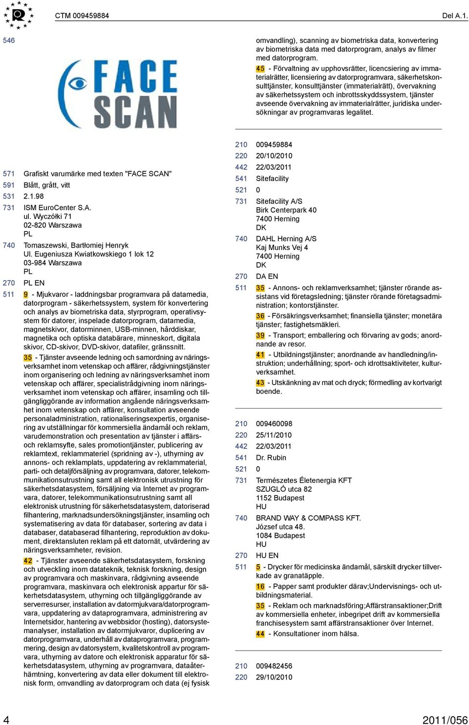 inbrottsskyddssystem, tjänster avseende övervakning av immaterialrätter, juridiska undersökningar av programvaras legalitet. 571 591 531 Grafiskt varumärke med texten "FACE SCAN" Blått, grått, vitt 2.