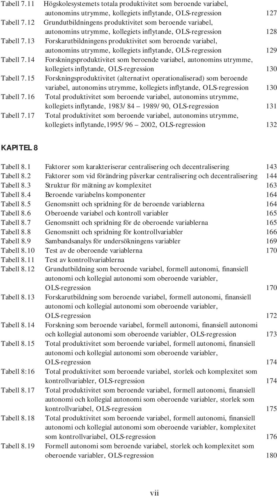 utrymme, kollegiets inflytande, OLS-regression 128 Forskarutbildningens produktivitet som beroende variabel, autonomins utrymme, kollegiets inflytande, OLS-regression 129 Forskningsproduktivitet som