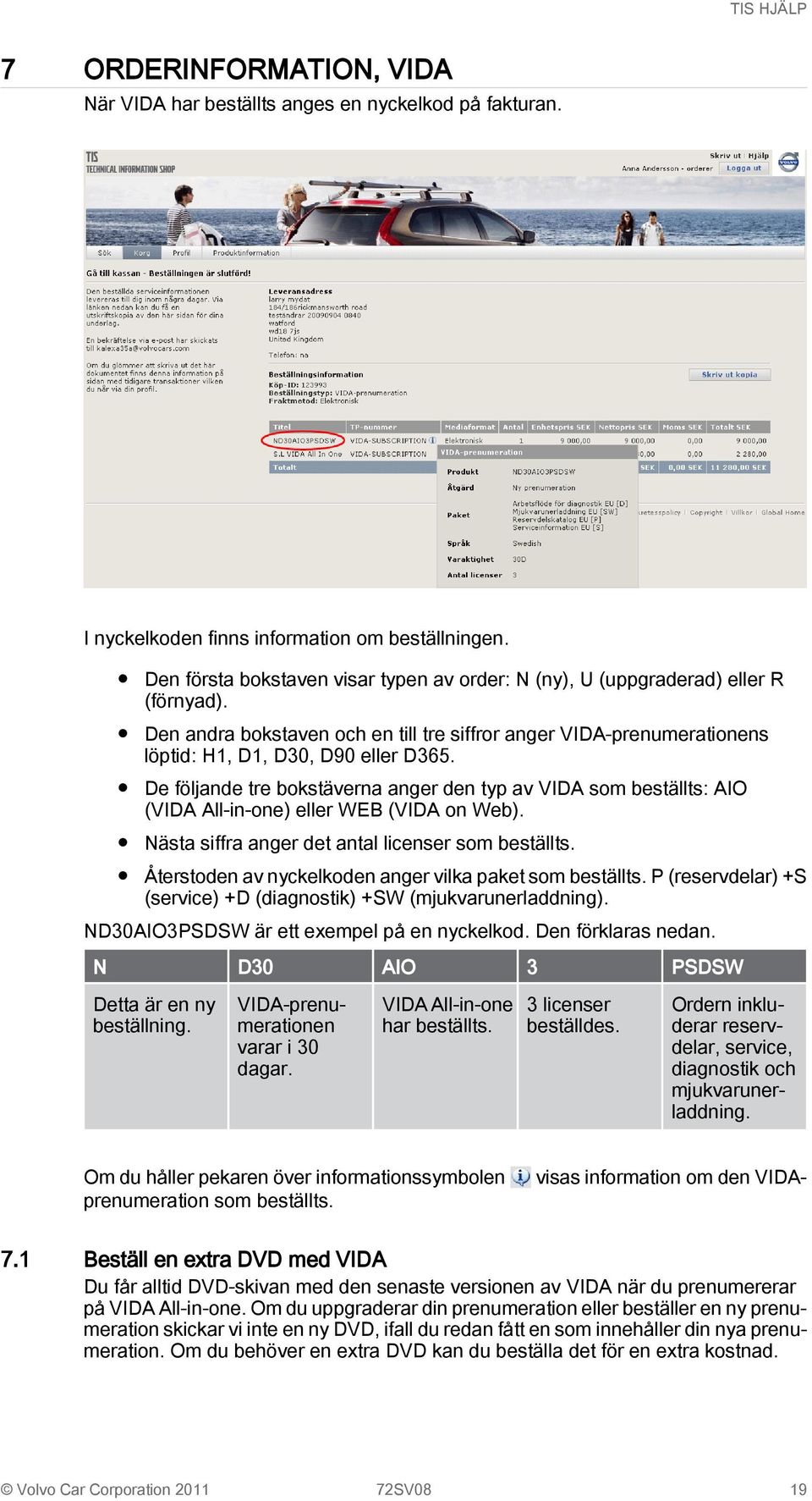 De följande tre bokstäverna anger den typ av VIDA som beställts: AIO (VIDA All-in-one) eller WEB (VIDA on Web). Nästa siffra anger det antal licenser som beställts.